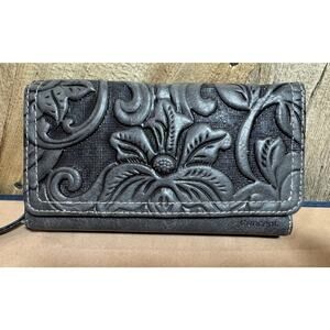 BOC Born Concept Milestone Deluxe Wallet Carved Faux Leather Gray Trifold Zipper